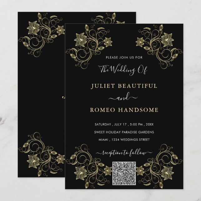 Schwarze Hochzeitseinladung an Gold Blume mit QR-C (Vorne/Hinten)