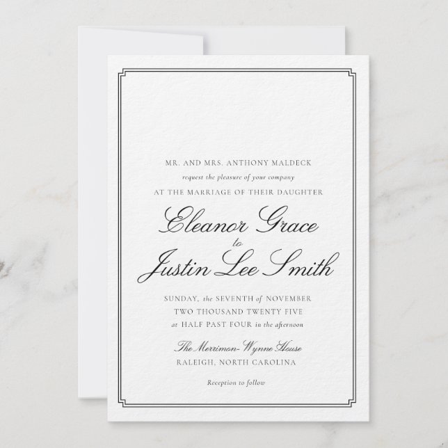 Schwarze Hochzeitseinladung mit Monogrammplatz Einladung (Vorderseite)