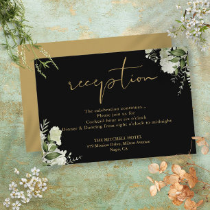 Schwarze Hochzeitsempfangsdekoration mit goldenem Begleitkarte