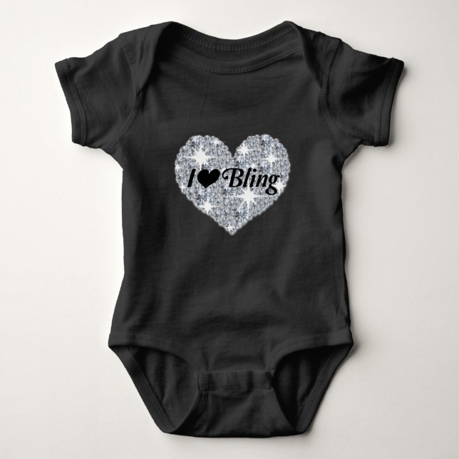 Schwarze Imitate Diamantenherz "I Liebe Bling" Des Baby Strampler (Vorderseite)
