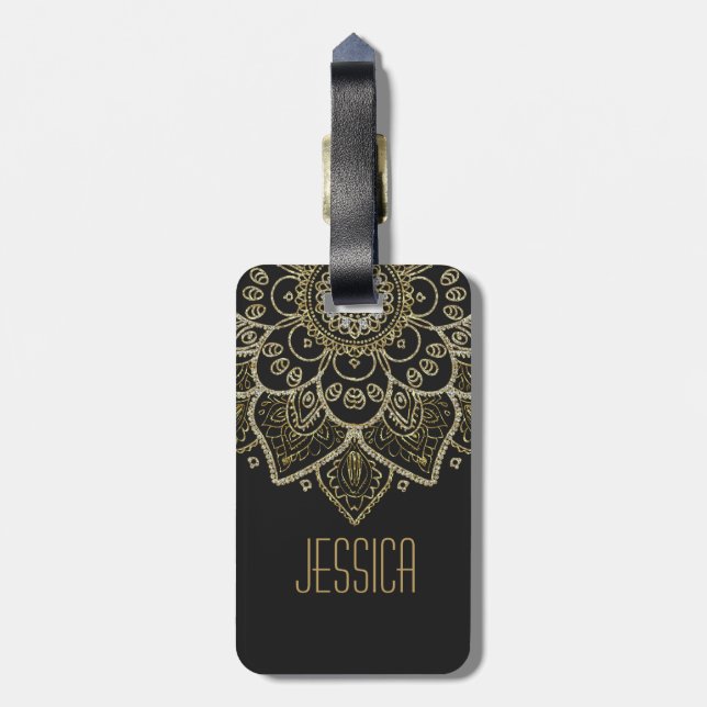 Schwarze Imitate Glitzer und Gold Floral Mandala Gepäckanhänger (Rückseite vertikal)