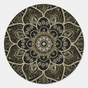 Schwarze Imitate Glitzer und Gold Floral Mandala Runder Aufkleber