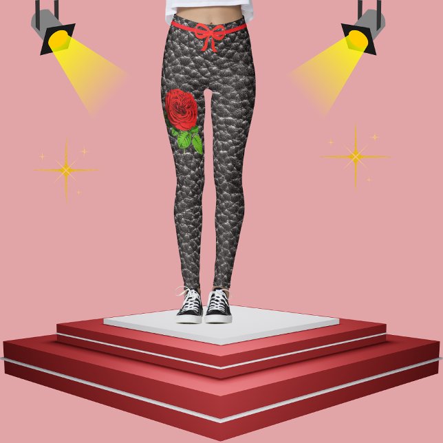 Schwarze Imitate Leather Texture Rose Trendy Mode Leggings (Von Creator hochgeladen)