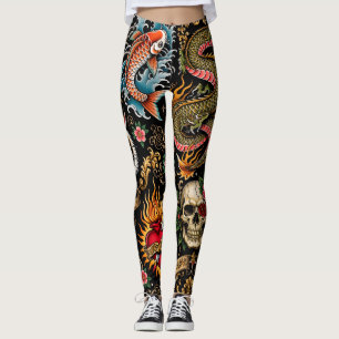 Schwarze japanische Tätowierung -,Koi-Fisch-Drache Leggings