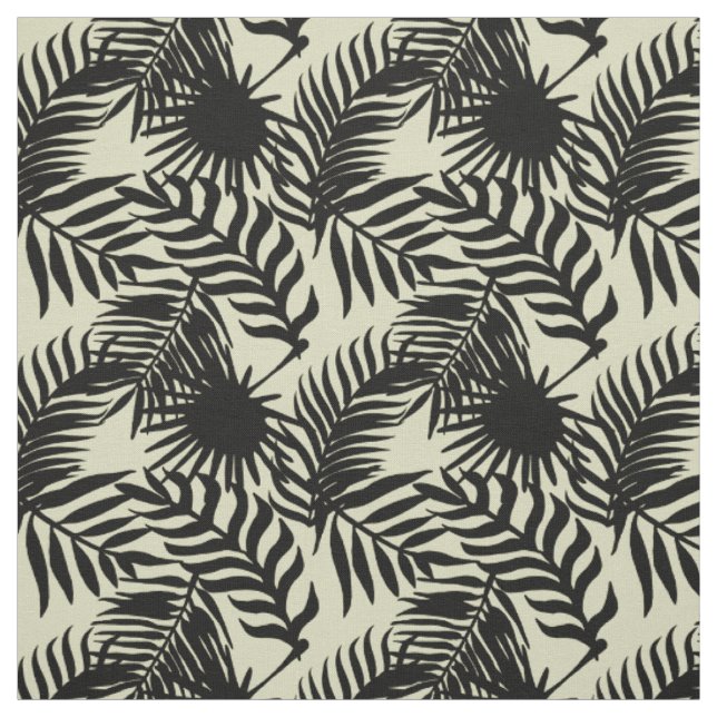 Schwarze Jungle Palme Blätter auf Beige Stoff (Muster)