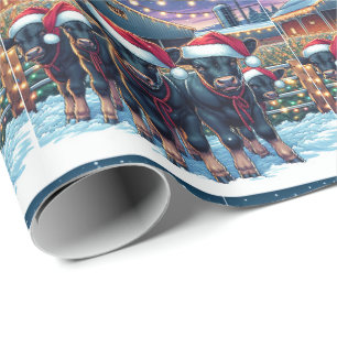 Schwarze Kälber mit Weihnachtsmannmützen neben der Geschenkpapier