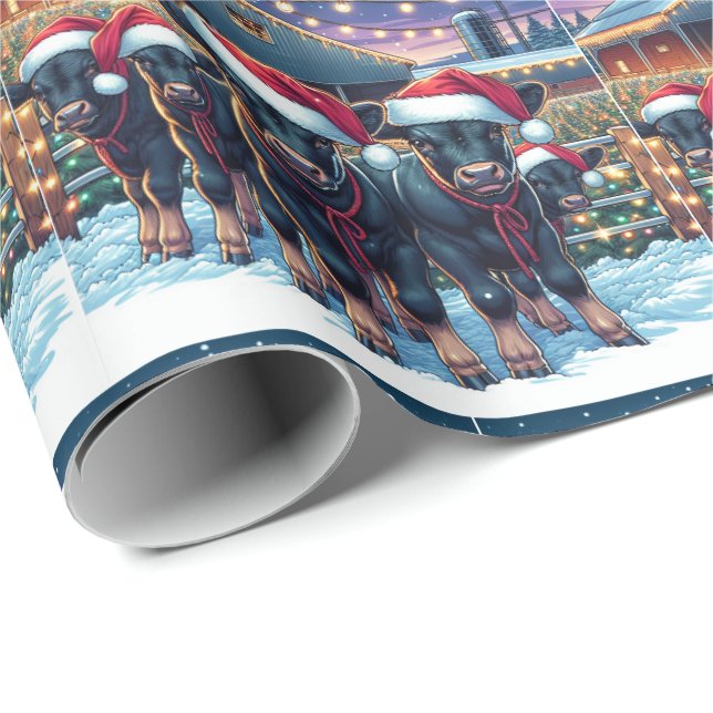 Schwarze Kälber mit Weihnachtsmannmützen neben der Geschenkpapier (Rolleneckpunkt)
