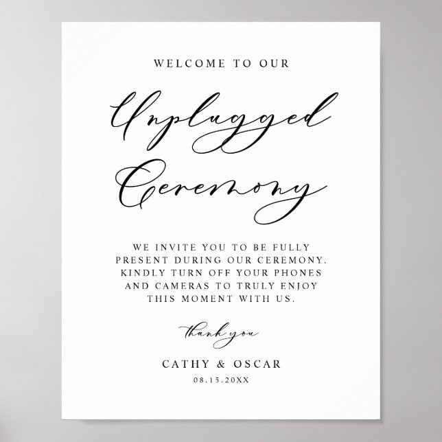 Schwarze Kalligrafie Unplugged Wedding Zeremony Poster (Vorne)