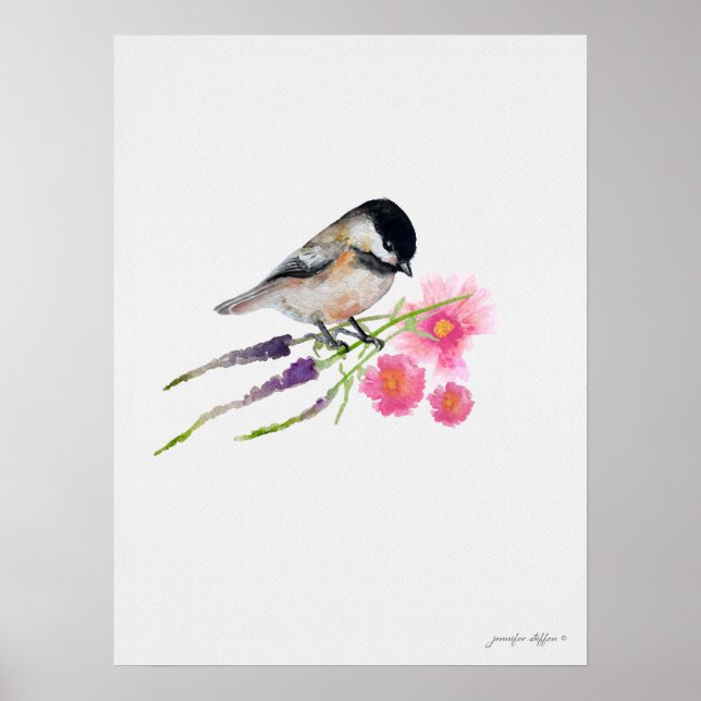 Schwarze Kappe Sweet Chickadee Wasserfarbenspiel Poster (Vorne)