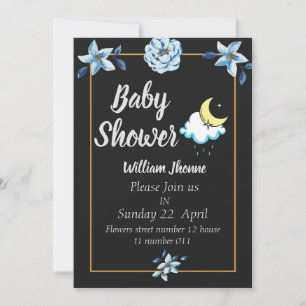Schwarze Karte blaue Blumen Junge Baby Shower Einl