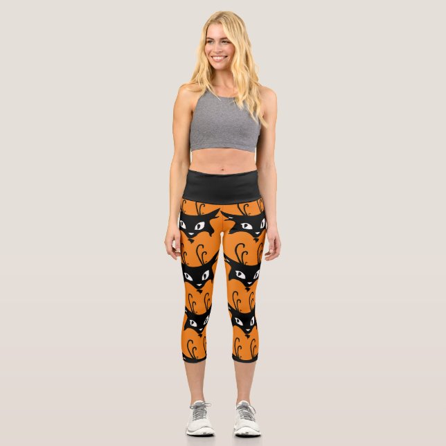 SCHWARZE KATZ-RETRO-DRUCKEN CAPRI YOGA PANS LEGGIN (Vorderseite)
