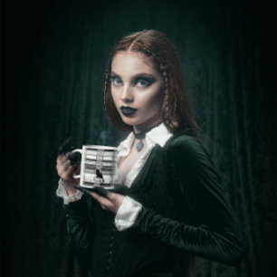 Schwarze Kätzchen auf Karierter Keramik Tasse