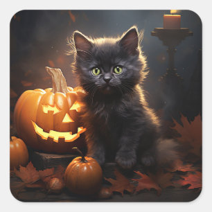 Schwarze Kätzchen und Jack-O-Laterne, Herbstblätte Quadratischer Aufkleber