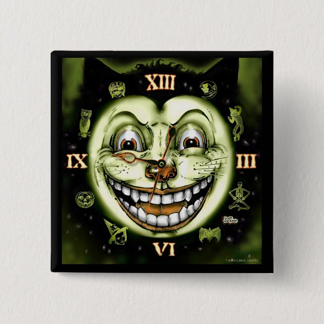 Schwarze Katze 13 Uhr Halloween Button (Vorderseite)