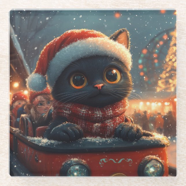 Schwarze Katze Achterbahn Weihnachten Glasuntersetzer (Vorderseite)