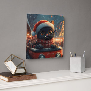 Schwarze Katze Achterbahn Weihnachten Quadratische Wanduhr