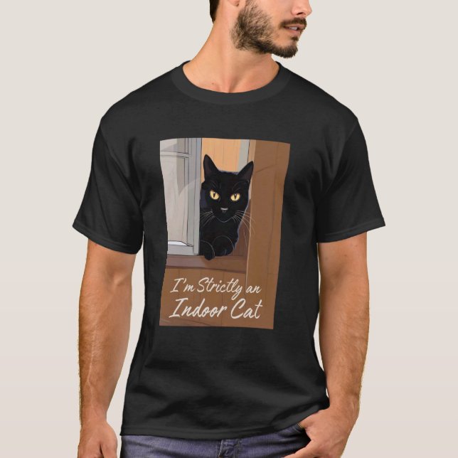 Schwarze Katze am Fenster T-Shirt (Vorderseite)