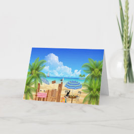 Schwarze Katze am Strand Feiertagskarte