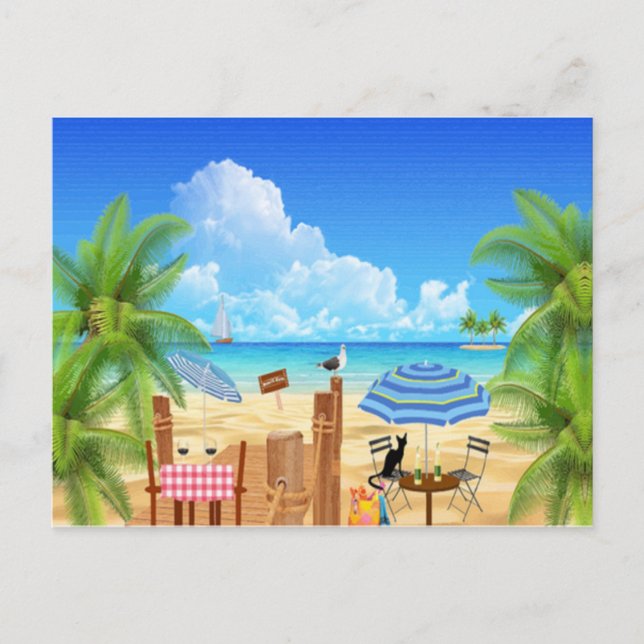 Schwarze Katze am Strand Postkarte (Vorderseite)