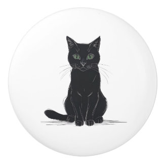Schwarze Katze an weißem Hintergrund Türgriff Keramikknauf