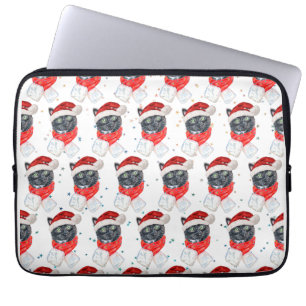 Schwarze Katze Aquarell mit Weihnachts-Schal Laptopschutzhülle