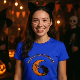 Schwarze Katze auf Angry Crescent Moon Halloween T-Shirt