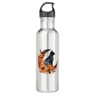 Schwarze Katze auf Blumenmoon Pumpkin Schwarze Kat Edelstahlflasche