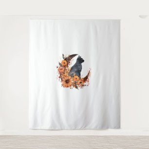 Schwarze Katze auf Blumenmoon Pumpkin Schwarze Kat Wandteppich