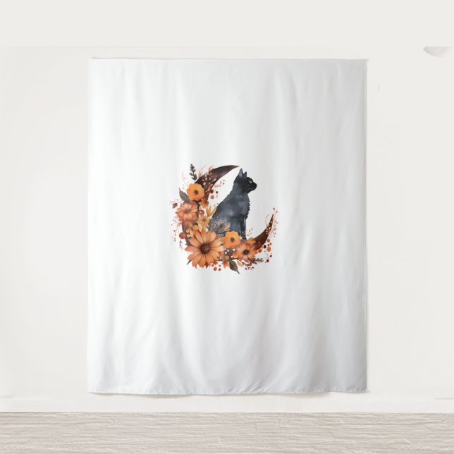 Schwarze Katze auf Blumenmoon Pumpkin Schwarze Kat Wandteppich (Vorderseite)