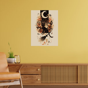 Schwarze Katze auf dem Besen einer Hexe unter dem  Poster