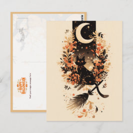 Schwarze Katze auf dem Besen einer Hexe unter dem  Postkarte