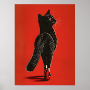 Schwarze Katze auf dem Catwalk – Modeillustration Poster