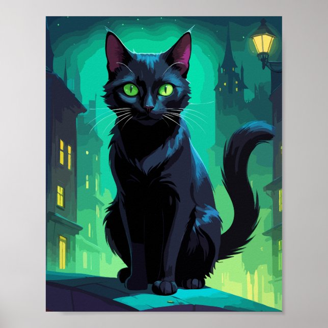 Schwarze Katze auf dem Dach Poster (Vorne)