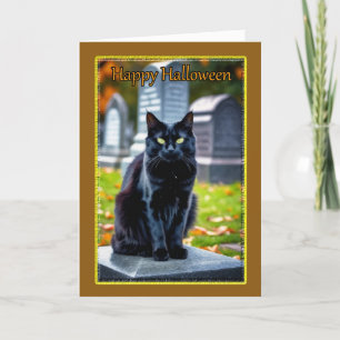 Schwarze Katze auf dem Friedhof zu Halloween Feiertagskarte