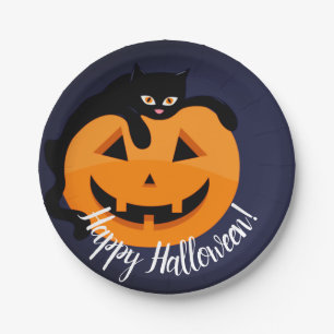 Schwarze Katze auf dem MondHalloween Pappteller
