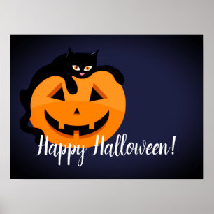 Schwarze Katze auf dem MondHalloween Poster