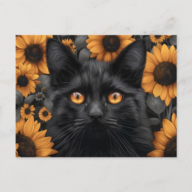Schwarze Katze auf dem Sonnenblumenfeld Postkarte (Vorderseite)
