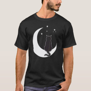 Schwarze Katze auf dem zunehmenden Mond im Sternen T-Shirt