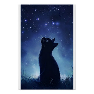 Schwarze Katze auf der magischen Wiese Starlit Poster