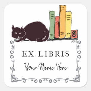 Schwarze Katze auf der virtuellen Bibliothek Niedl Quadratischer Aufkleber