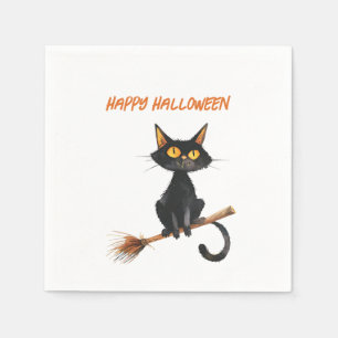 Schwarze Katze auf einem Hexenglühenden glückliche Serviette