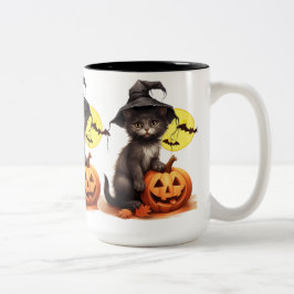 Schwarze Katze auf einem Wagen Zweifarbige Tasse