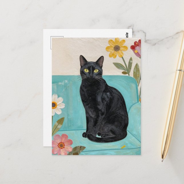 Schwarze Katze auf einer blauen Couch Postkarte (Vorderseite/Rückseite Beispiel)