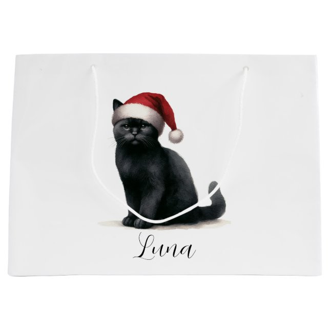 Schwarze Katze auf festlichem Weihnachtsmannmütze  Große Geschenktüte (Vorderseite)