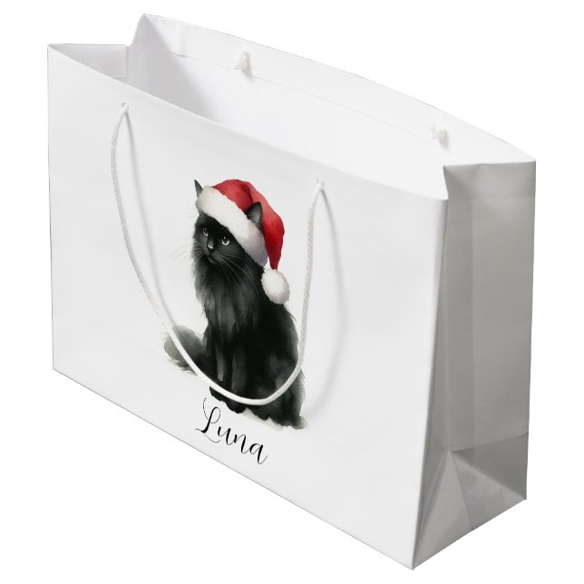 Schwarze Katze auf festlichem Weihnachtsmannmütze  Große Geschenktüte (Rückseite Schrägansicht)