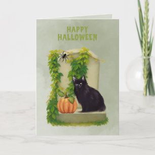 Schwarze Katze auf Grab Happy Halloween Karte