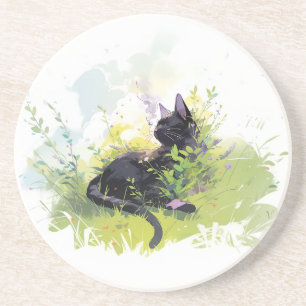 Schwarze Katze auf Gras Sandstone Untersetzer