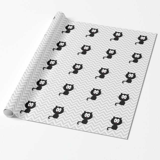 Schwarze Katze auf grauem Zickzack Geschenkpapier (Ungerollt)