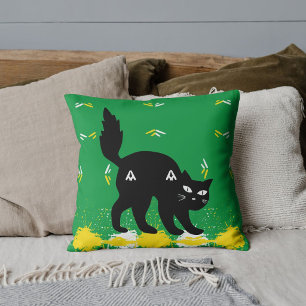 Schwarze Katze auf grün-gelb Niedlich modern Kissen