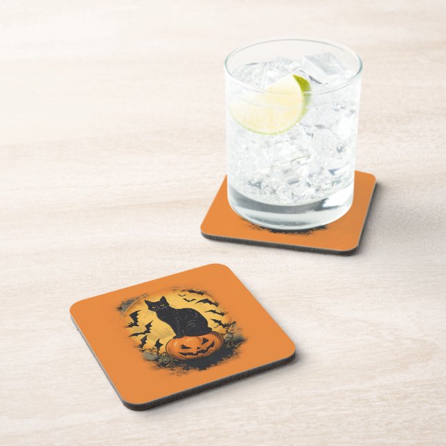 Schwarze Katze auf Halloween-Kürbis Getränkeuntersetzer (Rechte Seite)